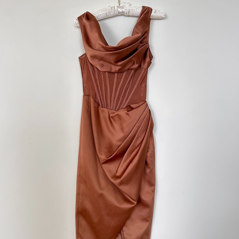 House of CB Toffee Asymmetric Drape Midi Corset Dress - Picture 5 of 8